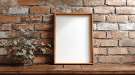 Empty framed print on wooden table against brick wall