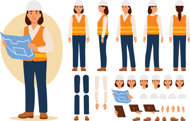Civil engineer wearing hard hat holding construction project drawing. Character constructor for animation. Front, side and back view set. Body parts, postures, poses collection. Vector illustration