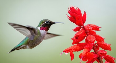 Fototapeta premium Male Anna's Hummingbird Flying Near Red Salvia Flower