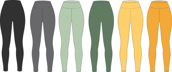 Collection of women’s high waist leggings in multiple colors, front view fashion sportswear design template for fitness and yoga, flat vector illustration