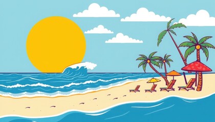 Obraz premium A cartoon beach scene with a large sun, palm trees, waves, and beach chairs under a cloudy sky