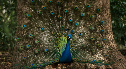 Obraz premium Vibrant peacock displaying its colorful tail feathers in lush forest