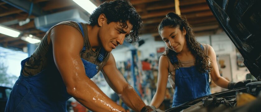 Authentic Hispanic Father and Daughter Repairing Car Together Premium Urban Family Lifestyle Content for Inspiring Marketing and Social Media Campaigns