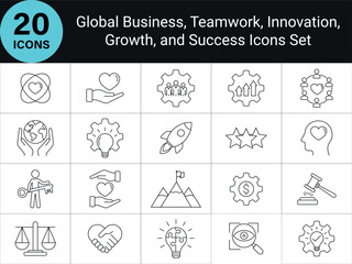 Business Success Icons. line icons depicting business concepts like teamwork, innovation, growth, 
global reach, success. simple Line Icons Representing Values, Growth, and Success