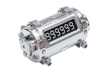 Closeup of a shiny chrome digital counter with a bright led display showing 999999, isolated on transparent background