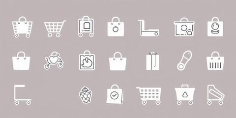 Collection of shopping icons featuring bags carts and other retail related symbols on gray background