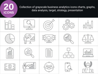 Business Analytics Icons. Set of Business and Financial Icons in Outline Style. business analytics 
concepts charts, graphs, targets, data analysis, research, presentations finance, strategy