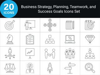 Business and Strategy Icons. Including Planning, target, teamwork, growth, leadership, analysis, Success, Growth, Goals. Line icon