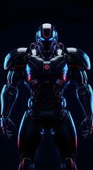 Fototapeta premium Futuristic black combat robot with glowing red and blue lights on a dark background