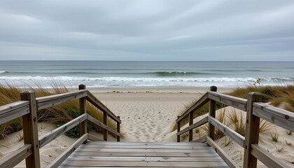 Obraz premium Serene Beach Scene with Wooden Staircase Access