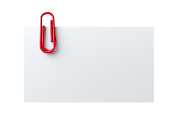 Red metal paperclip holding a white blank note, symbolizing importance and organization, isolated on transparent background