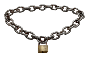 Heavy metal chain with a padlock, symbolizing security and restriction, isolated on transparent background