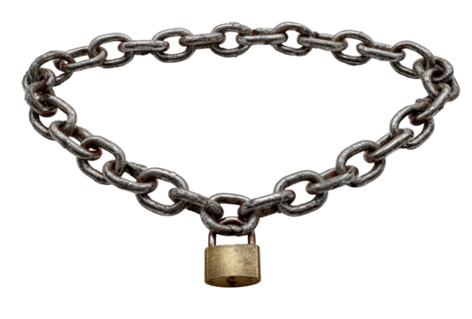 Heavy metal chain with a padlock, symbolizing security and restriction, isolated on transparent background