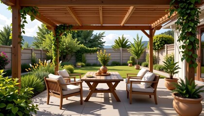 Fototapeta premium Tranquil Patio with Wooden Table and Lush Foliage