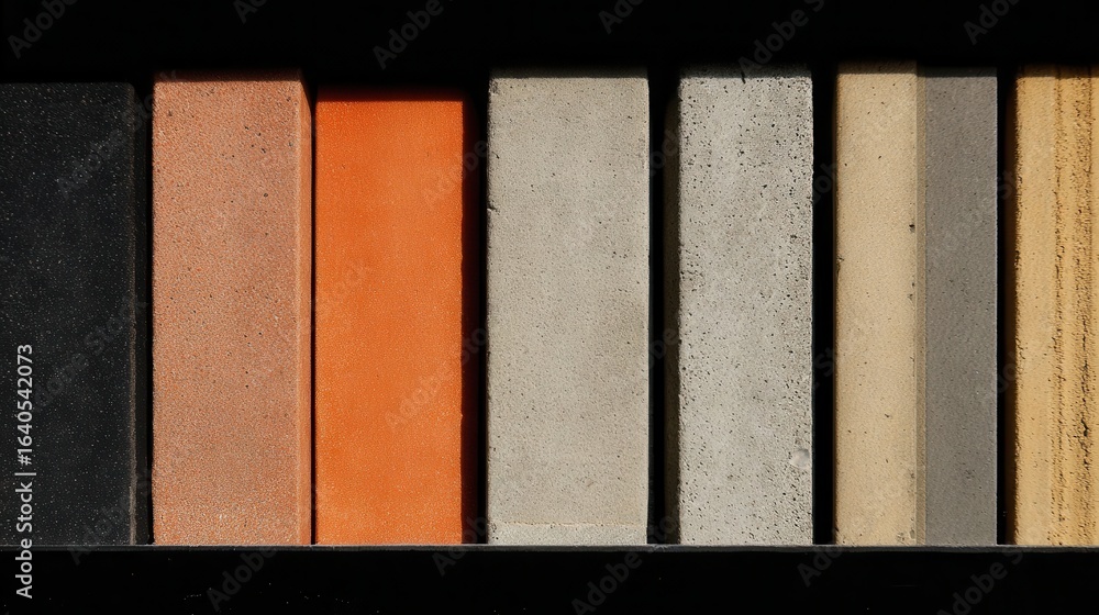 Poster various shades of building material samples displayed in a row.