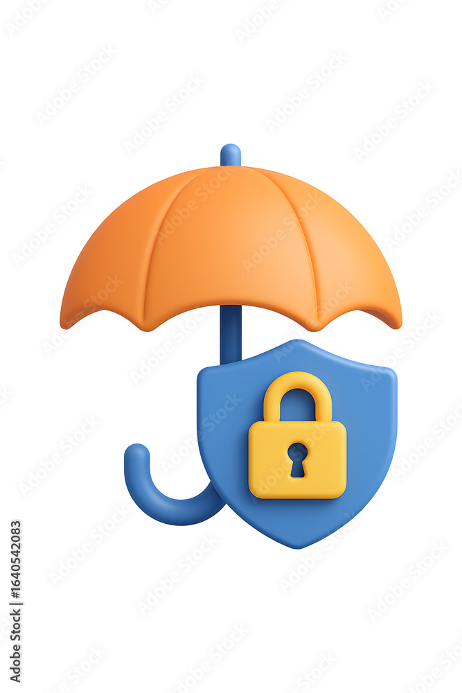 Poster 3d security shield with umbrella and lock isolated on a transparent background
