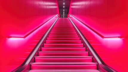 Illuminated pink staircase with metal railings leading upwards in a modern setting.