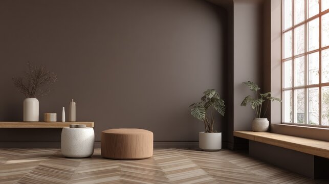 Modern, minimalist, neutral-toned living room with a warm, inviting ambiance.  Wooden furniture, plants, and a large window