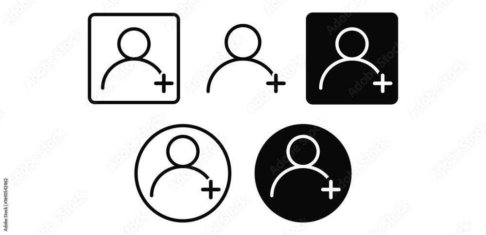 Poster add user profile icons black and white plus signs in square and circle shapes vector design illustra