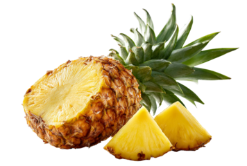 Fresh ripe pineapple cut in half with two slices, showcasing its tropical sweetness and vibrant texture, isolated on transparent background