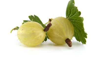Fresh Green Gooseberries with Leaves on a White Background