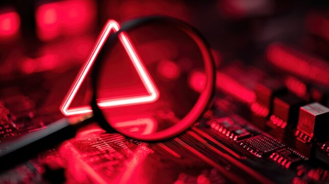 Cybersecurity Investigation: Magnifying Glass Focusing on Red Triangle Symbol on Circuit Board, Indicating Vulnerability and Threat Detection