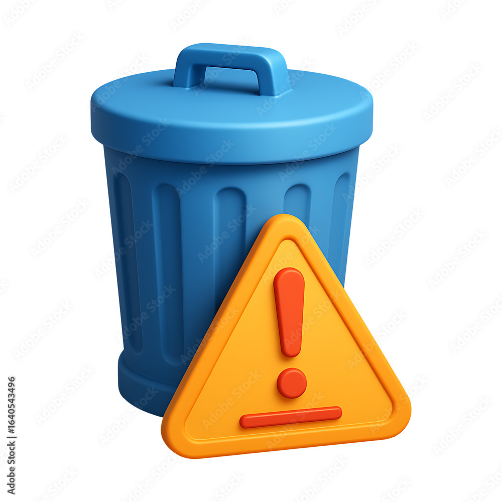 Poster Caution 3D Garbage Can Alert Icon Isolated on a Transparent Background