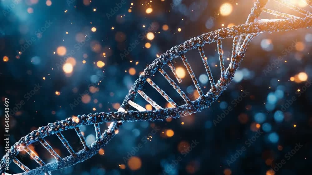 Poster dna strand rotating with glowing particles in the background