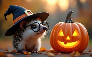 Fototapeta premium A whimsical Halloween scene featuring a charming hedgehog in glasses, a witch hat, and a glowing pumpkin, perfect for festive decor. High quality