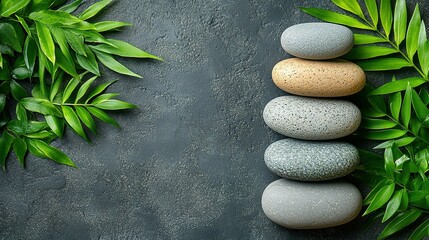 Fototapeta premium Stacked stones with green foliage on a dark textured surface.