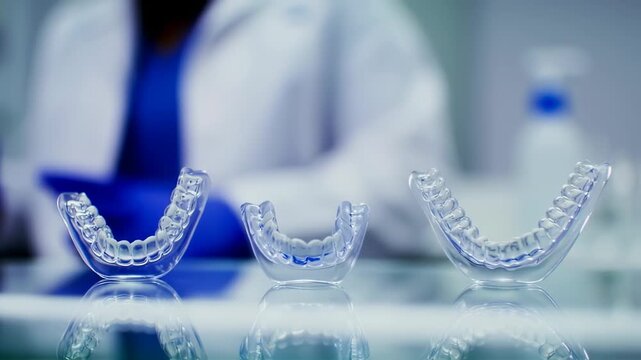 Invisible Aligners:  Dental Technology for a Perfect Smile.  Close-up view of three clear aligner models on a reflective surface.