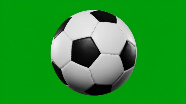 Soccer Ball Spinning on Green Screen - A close-up shot of a classic black and white soccer ball spinning slowly against a bright green screen.