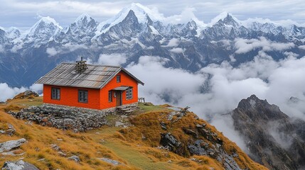 Red cabin sits atop a hill with snow-capped mountains in the background.