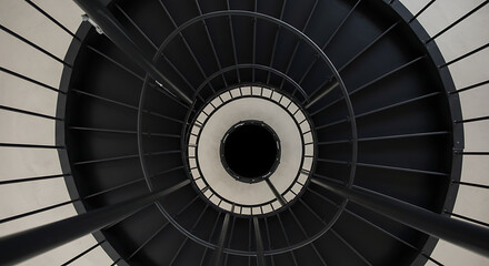Fototapeta premium Spiral Staircase Architecture: A mesmerizing view of a black spiral staircase ascending, showcasing the elegance and design of architectural marvels. the picture is a study in lines, light and shadow.