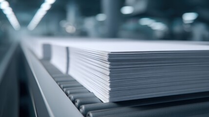 Obraz premium Large Stack of White Paper Sheets on a Conveyor Belt in a Modern Factory