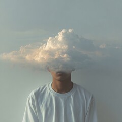 Conceptual image shows a person with clouds above their head, standing on an overcast day outdoors.