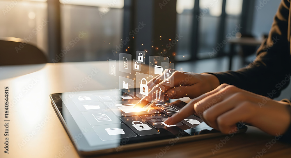 Poster person using tablet with digital security icons floating above the screen on a light brown table