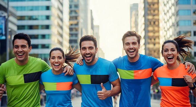 Joyful group of diverse friends celebrating together after a city marathon, smiling and embracing - Powered by Adobe