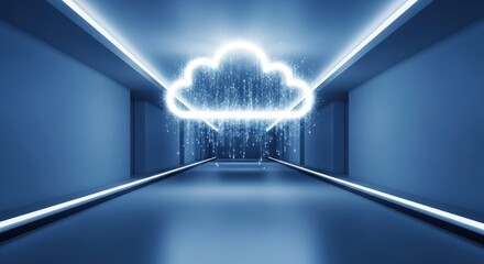 Futuristic cloud computing tunnel with glowing lights, showcasing data storage, network connections, and modern technology for business and innovation in digital age