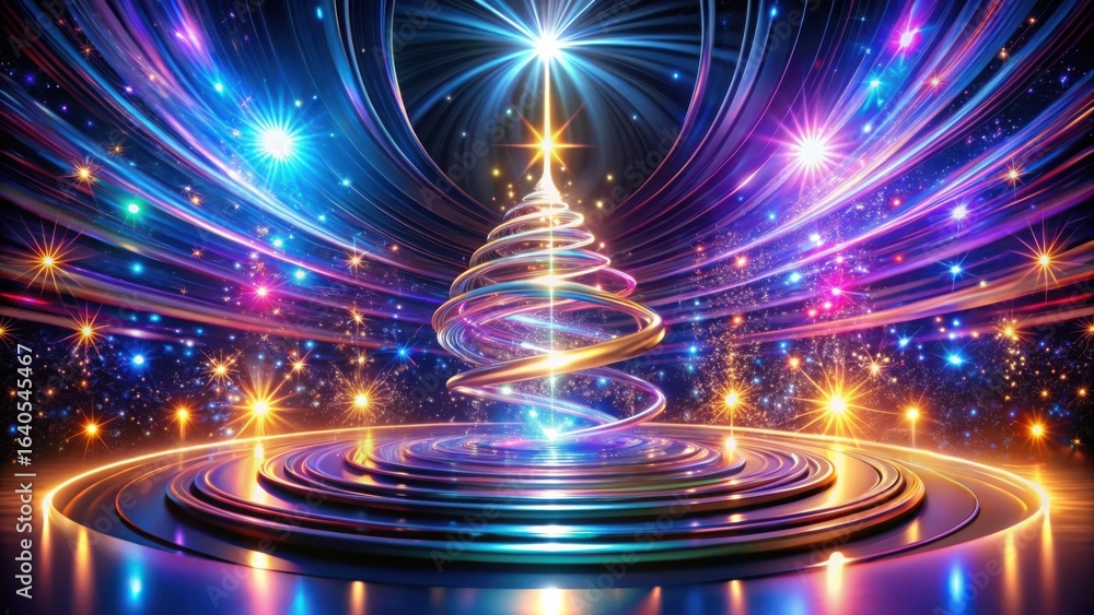 Poster a festive spiral of light an abstract holiday design with sparkling rays and a gleaming stage