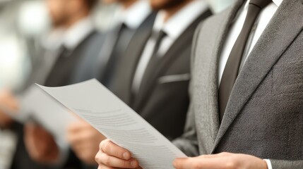 A group of men in formal suits, holding documents, suggests a business meeting or presentation setting.