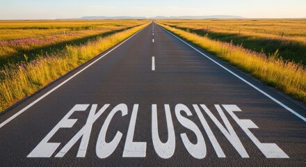 Word exclusive painted a long asphalt road stretching through a scenic landscape, symbolizing a unique journey towards a destination