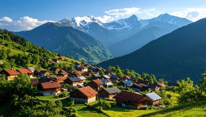 Obraz premium Scenic mountain village with snowcapped peaks and green landscape.
