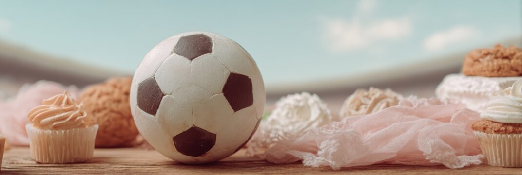 Authentic Soccer Ball on Textured Wooden Table with Stadium Background Premium Sports Memorabilia for Passionate Fans and Social Media Marketing Campaigns