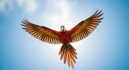 Fototapeta premium Scarlet Macaw Soaring Through the Sky with Wings Spread Wide