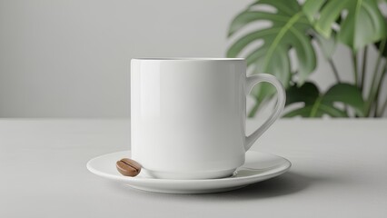 Obraz premium Stylish white ceramic coffee mug on saucer with coffee bean studio shot