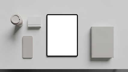 Minimalist Technology Flat Lay Mockup with Blank Screen Tablet and Office Items