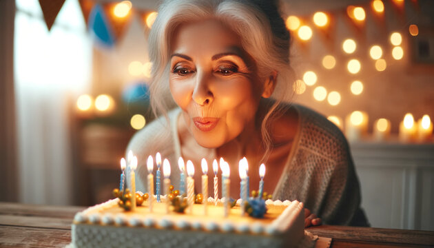 Warm birthday portrait of a smiling grandmother blowing candles—make a wish. Cozy home light, golden bokeh, close-up, copy space. Greeting cards, invites, banners, social ads, senior lifestyle. - Powered by Adobe