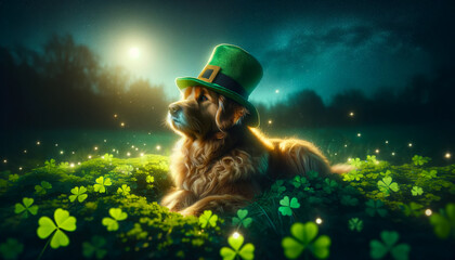 Adorable fluffy dog in leprechaun hat lying in a shamrock field at night with glowing bokeh. St. Patrick’s Day hero for banners, posters, web headers and social ads; high-res, copy space.





