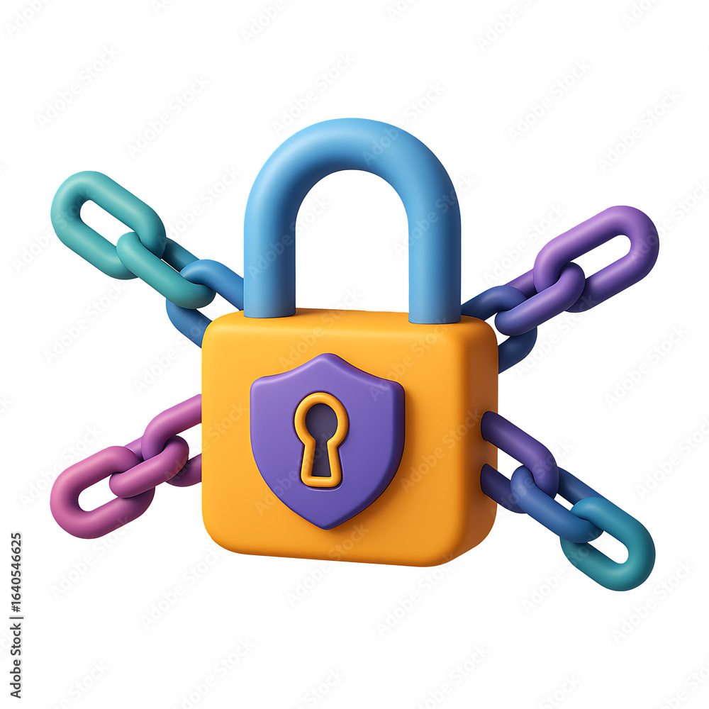 Poster secure lock and chain 3d icon isolated on a transparent background